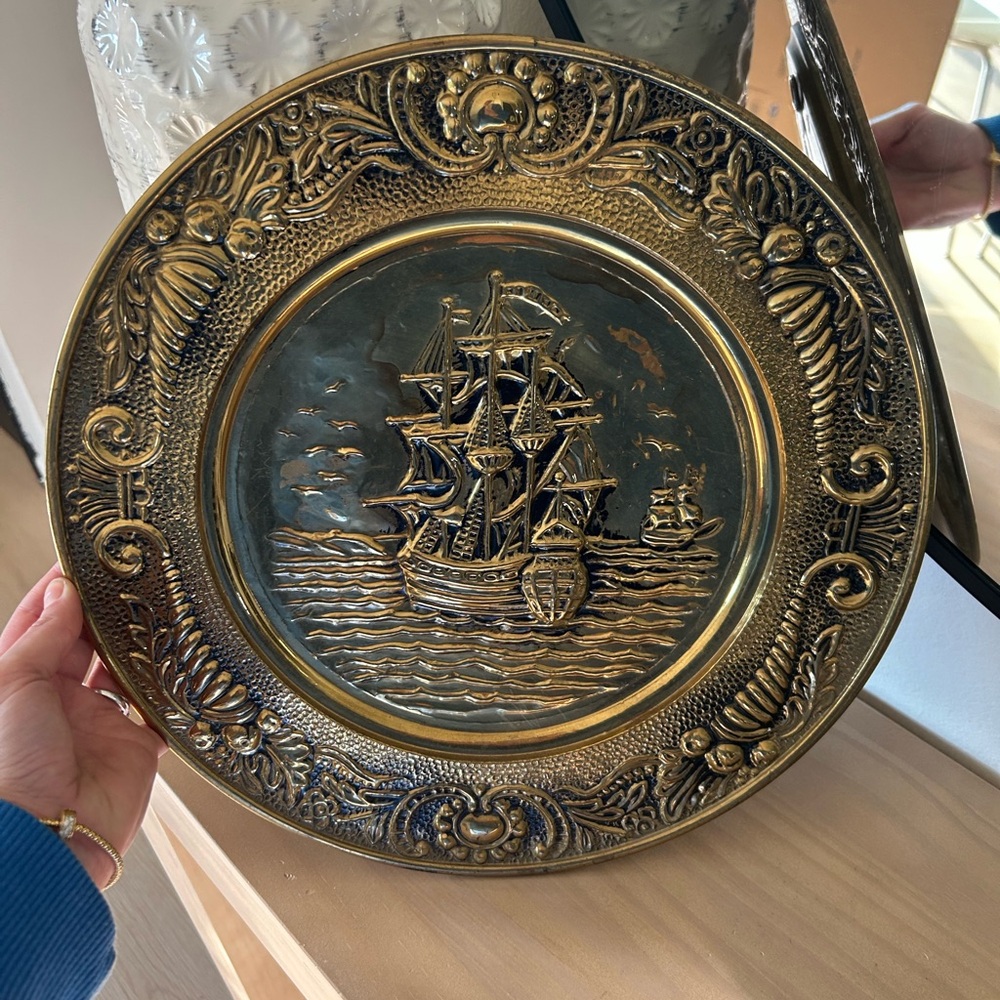 Vintage Mid Century MCM Brass Sailing Ship Embossed Wall Hanging Plate Decor